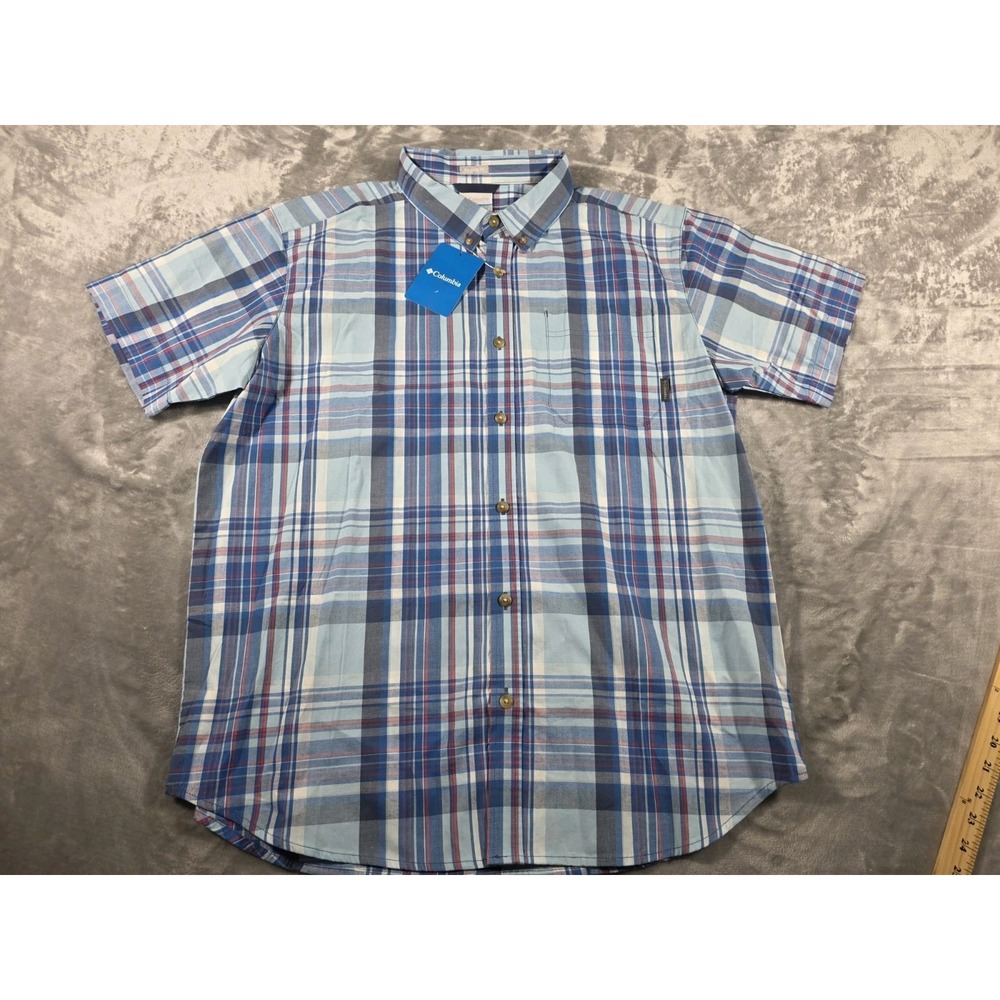 NWT Columbia Button Up Casual Shirt Men's Large Blue Plaid Regular Fit